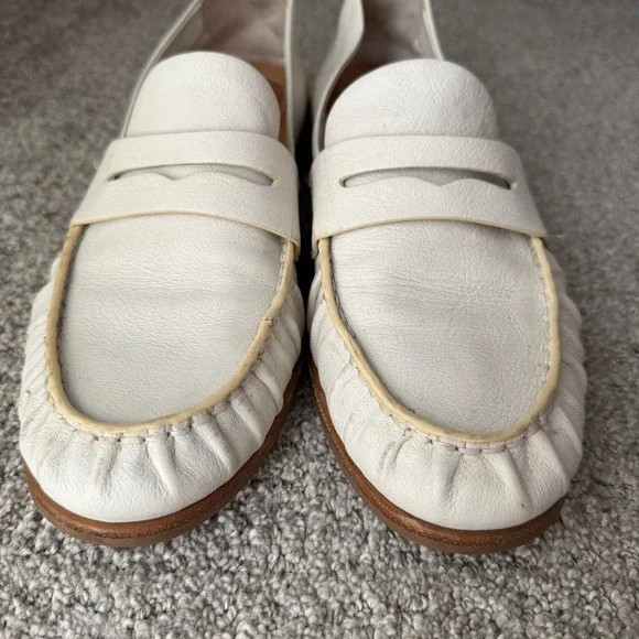 Rag & Bone White Leather Penny Loafers Size 39.5 Gathered Toe Stacked Heel Flats - Picture 3 of 9